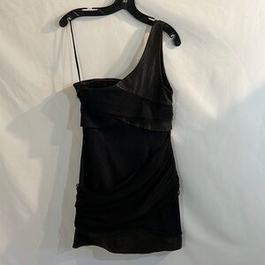Alice + Olivia Black Cotton, Silk, Spandex & Leather One Shoulder Dress S/P